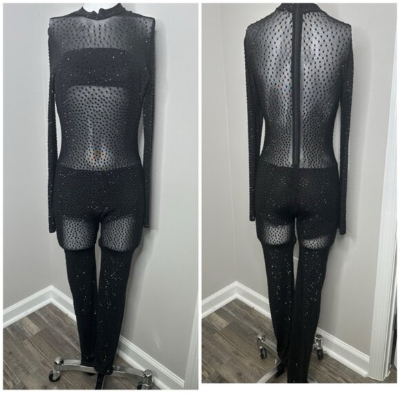BANJUL BLACK SEE THROUGH RHINESTONE JUMPSUIT- PRELOVED- MEDIUM - Picture 2 of 6